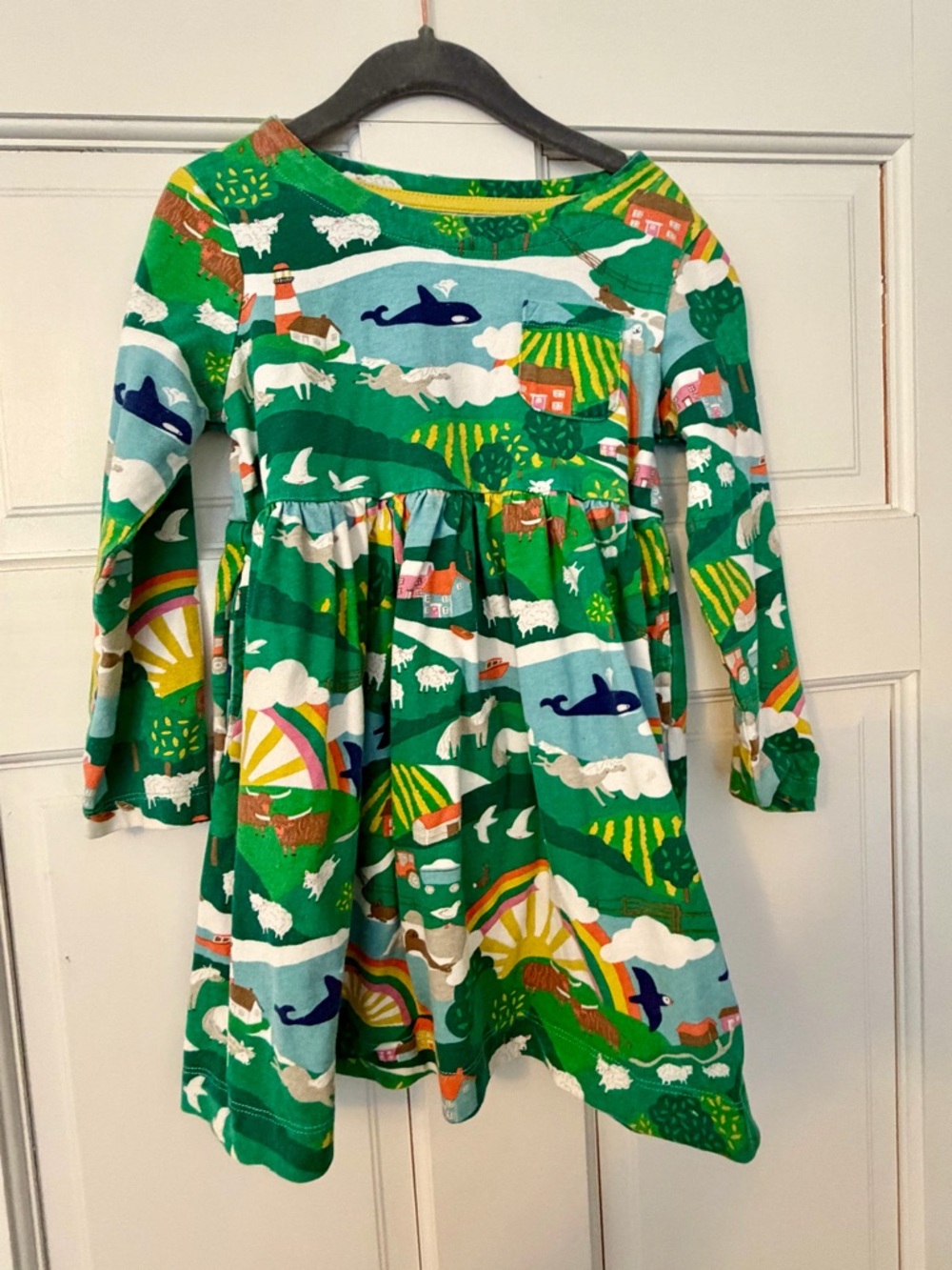 Mini Boden Green Farm & Rainbow Print Long-Sleeve Dress